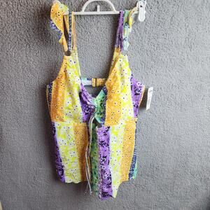 CALIFORNIA SUNSHINE Ruffled Tankini Size 1 (16-18) Striped Floral Purple Stretch